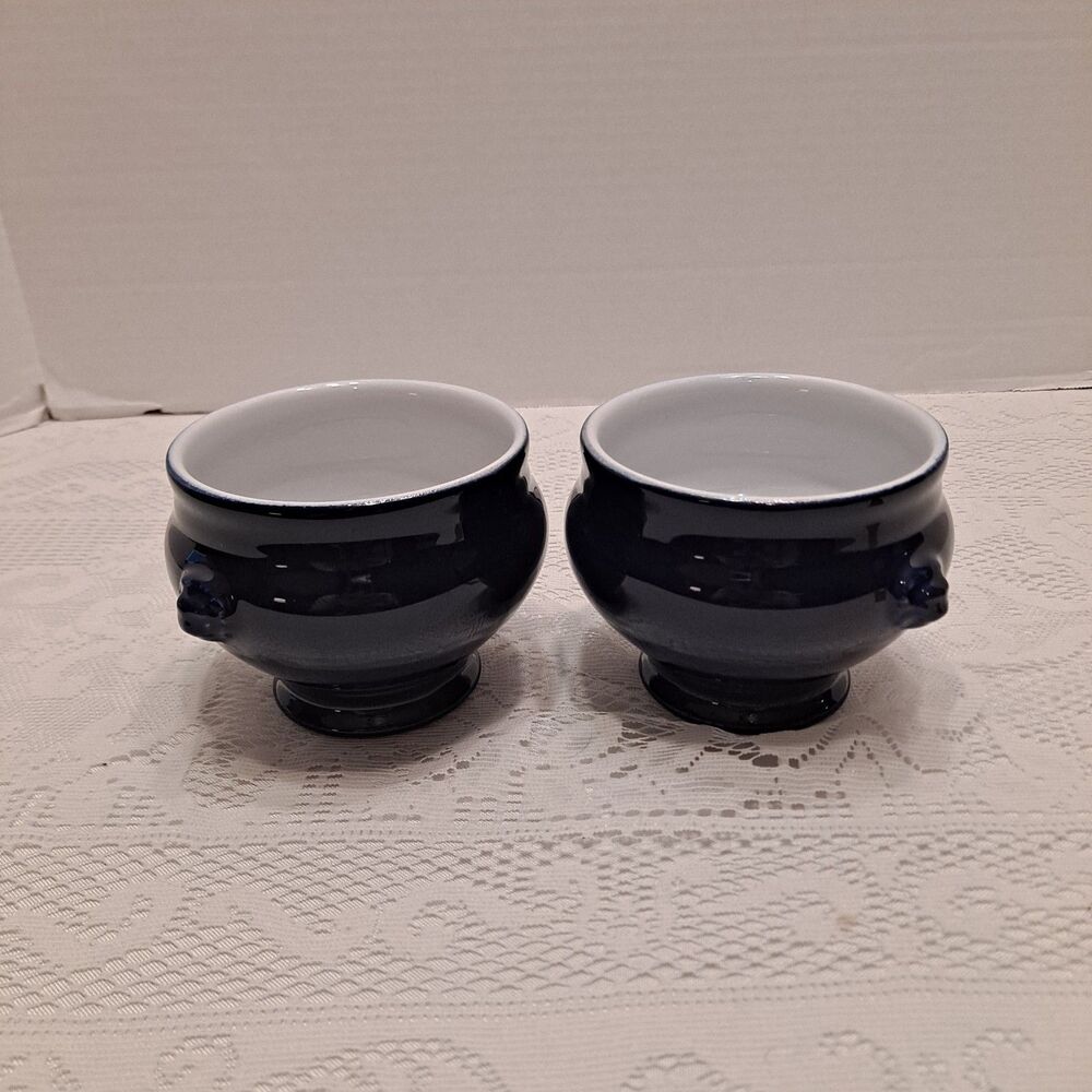 EMILE HENRY Footed Lion Head French Soup Bowl 6600 Cobalt Blue 4"x3.5" Set Of 2 - Picture 2 of 9